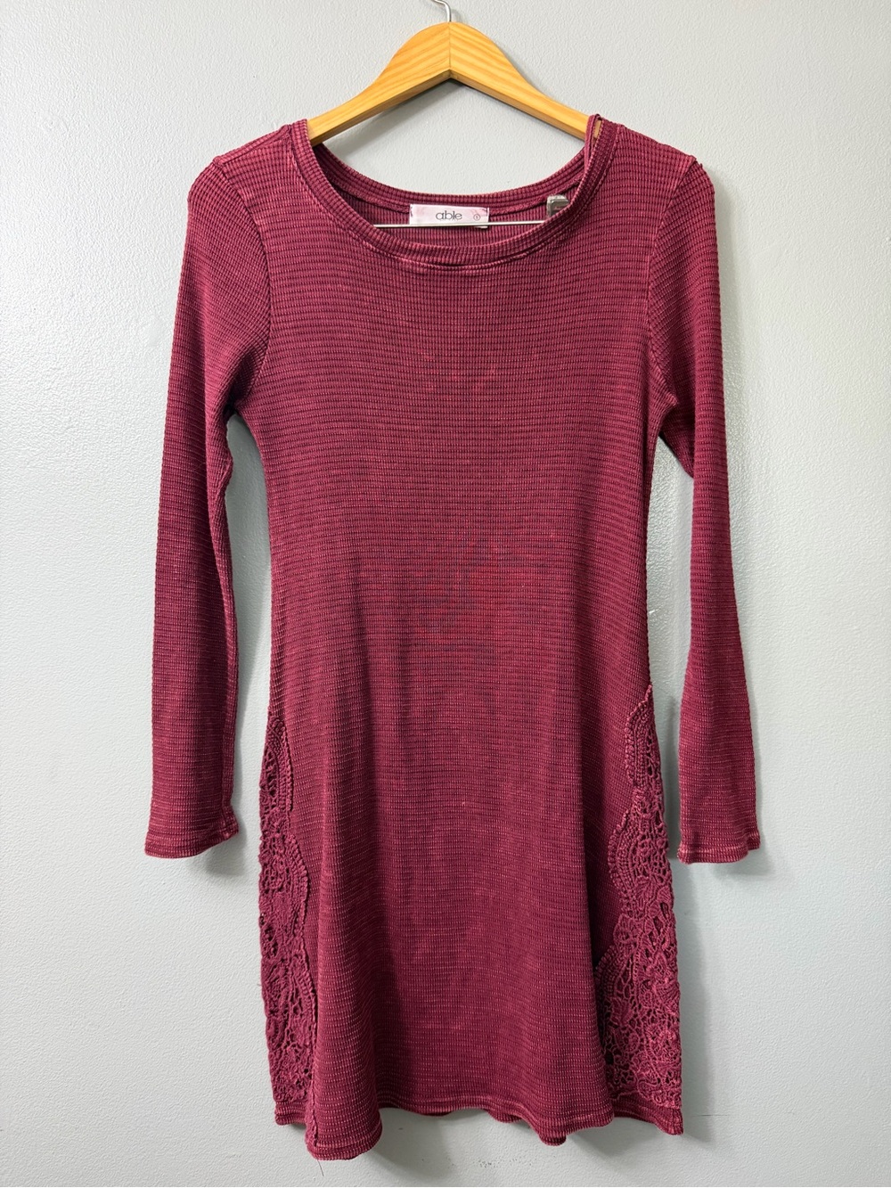 Able Wine Long Sleeve Waffle Knit Dress with Lace Side Panels small